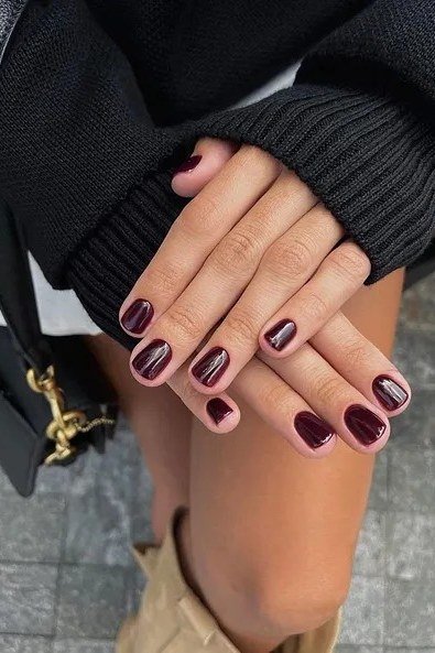 Dark Burgundy, Short and Glossy - short nail design for women over 40