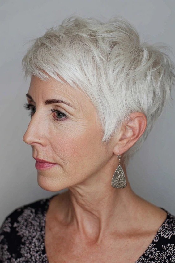 White feathered pixie with wispy layers - trendy short haircut for older women with fine hair