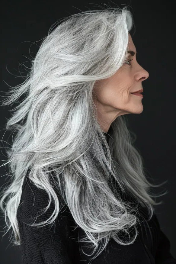 long layered silver hair in side profile, dark background