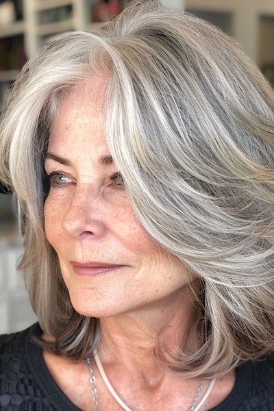 Silver layered lob, side view, woman in her 60s