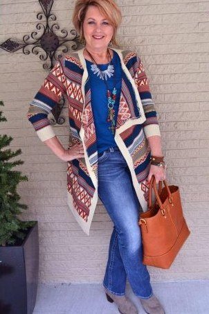 Patterned kimono cardigan with blue top and jeans, boho outfit for women over 40