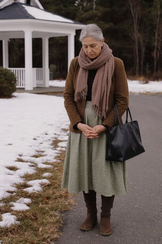 brown cardigan and sage midi skirt church outfit for women over 60