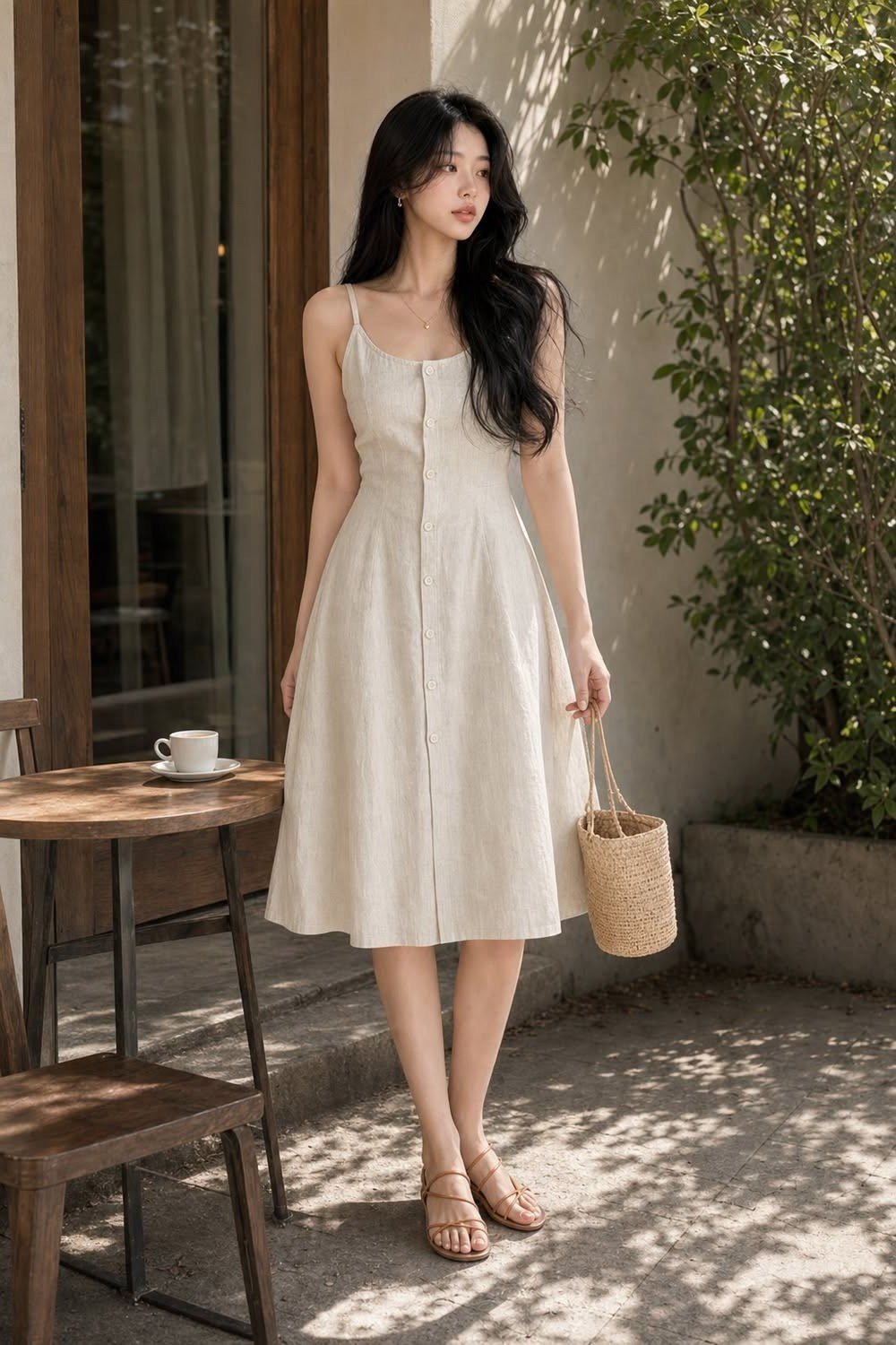 White fit-and-flare midi with tan bucket bag, patio for women over 60