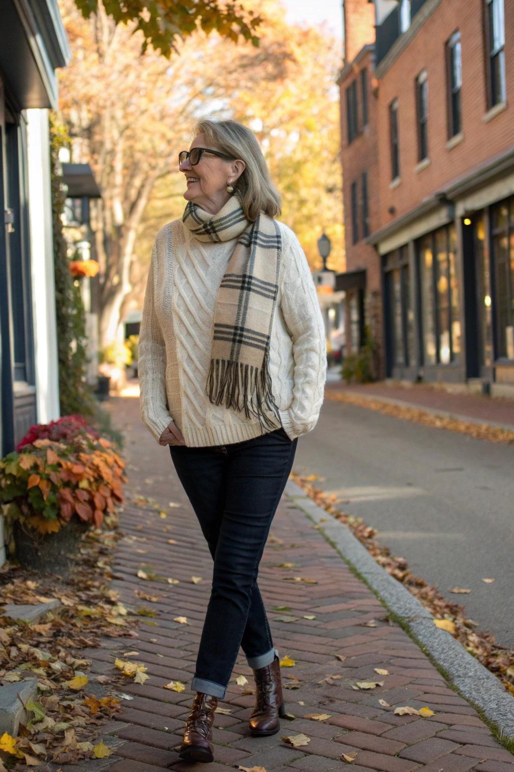 cream cable knit, plaid scarf and boots fall outfit for women over 60