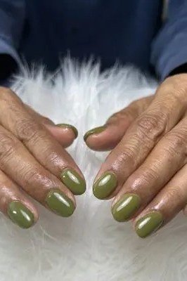 Olive Green on Mature Hands - fall nail color idea for women over 60