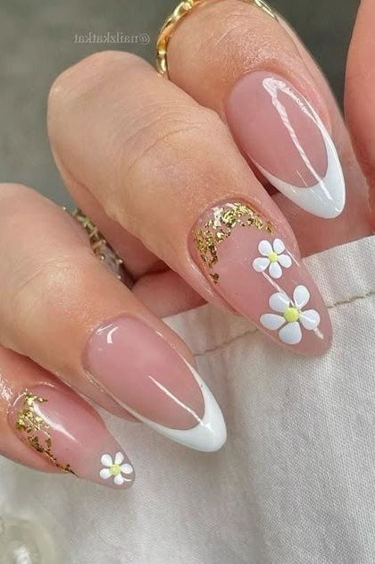 White French with Daisy and Gold Flecks - elegant nail art idea for mature hands, women over 50