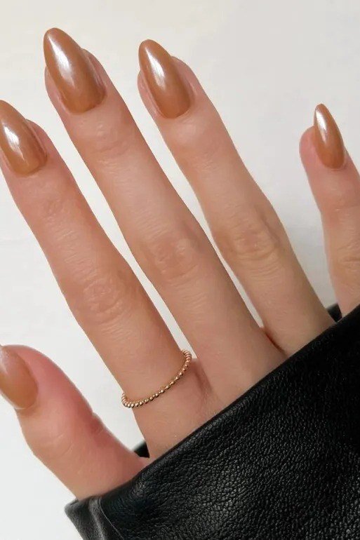 Bronze-Brown Chrome Almond Nails, chocolate brown fall nail design for women over 60