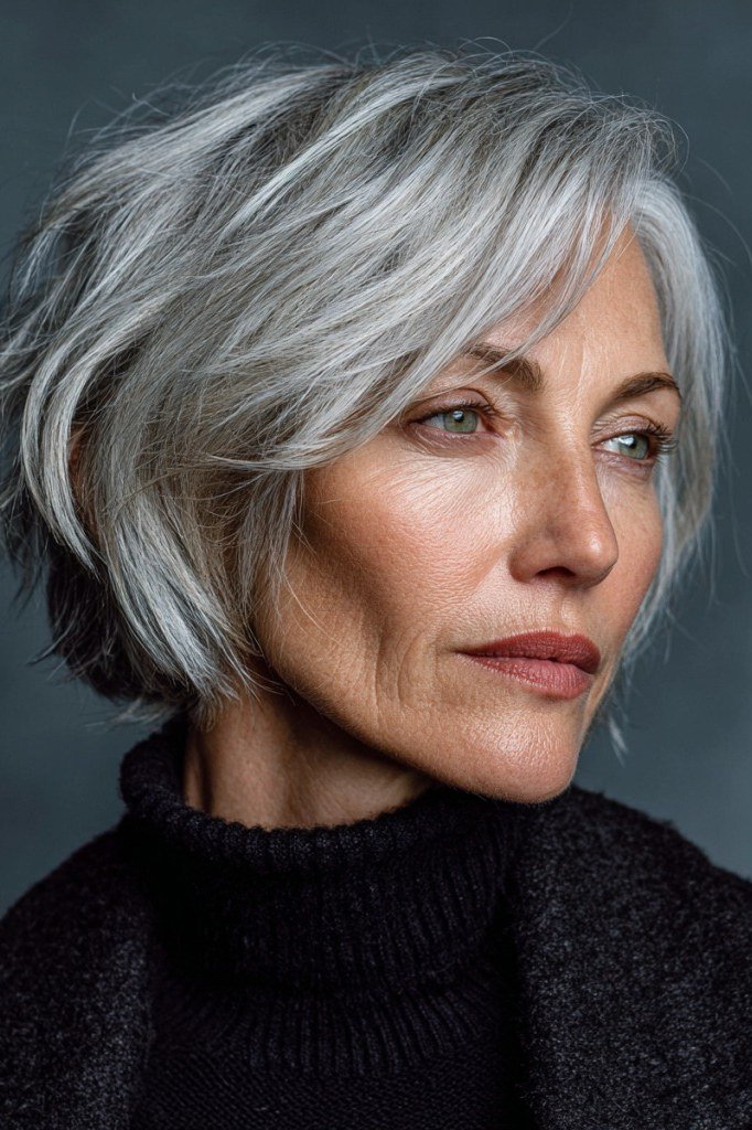 classic silver pixie haircut for women over 50, front view