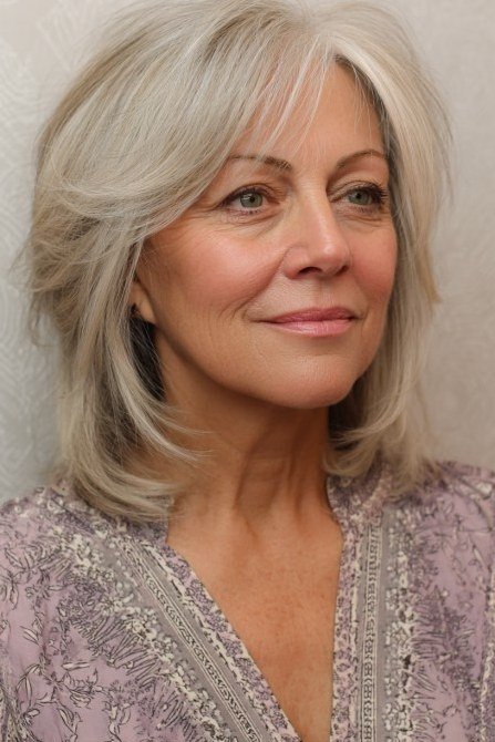 Long silver-blonde layered cut, front, timeless hairstyle for women over 70