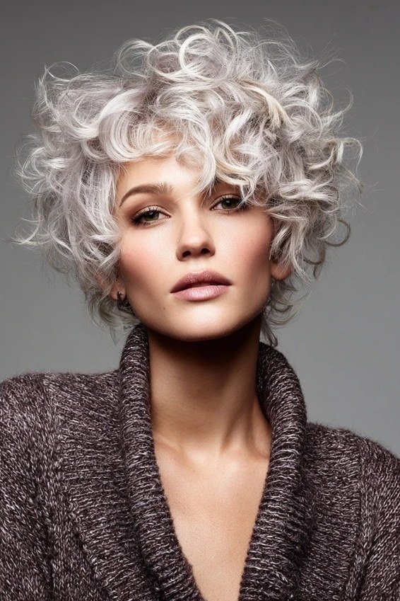 White curly bixie haircut front view for women over 60