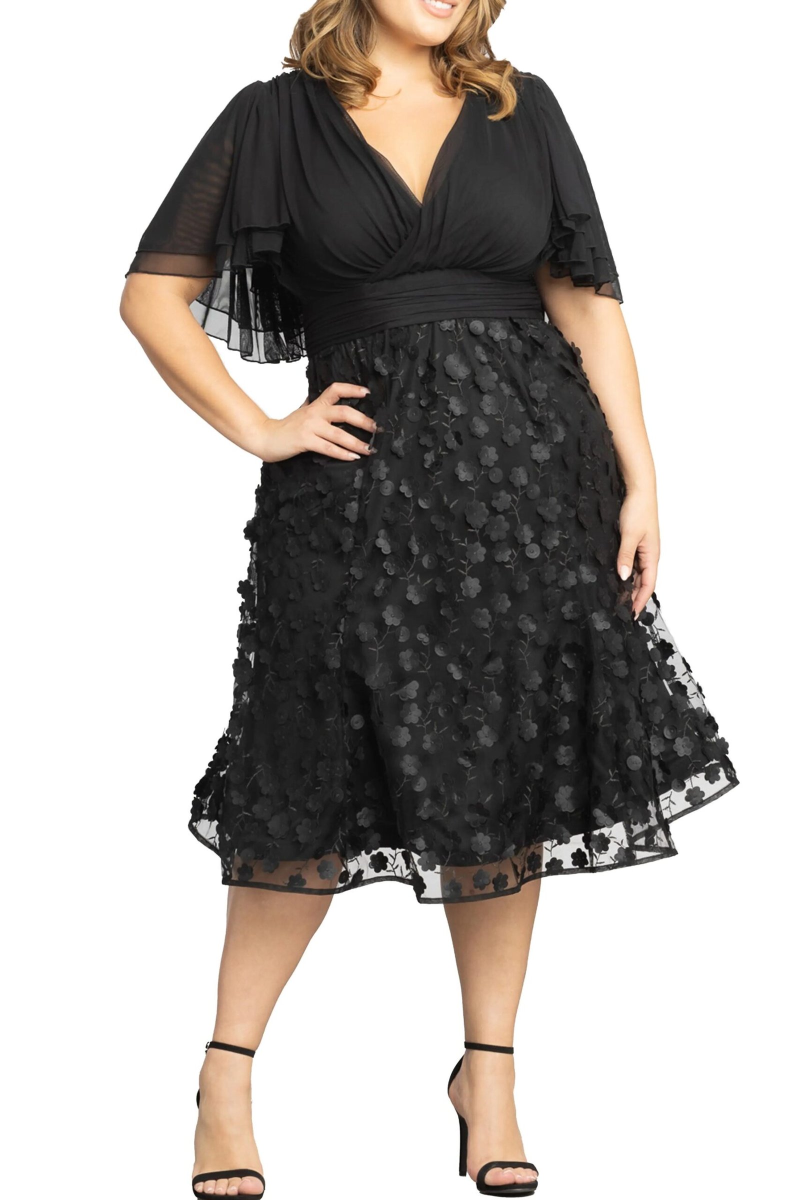 black 3D floral applique dress, plus-size model, elegant cocktail dress for women over 60
