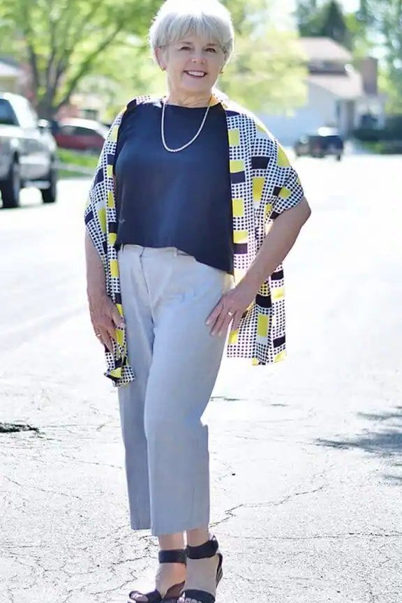 Patterned Cardigan with Light Blue Pants, classic casual outfit for women over 70