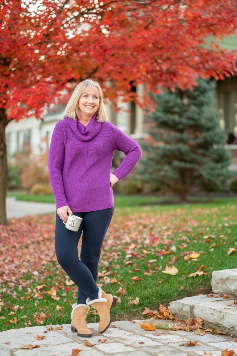 Plum cowl neck sweater dark denim purple cowl neck sweater dark jeans tan boots - fall outfit idea for women over 40