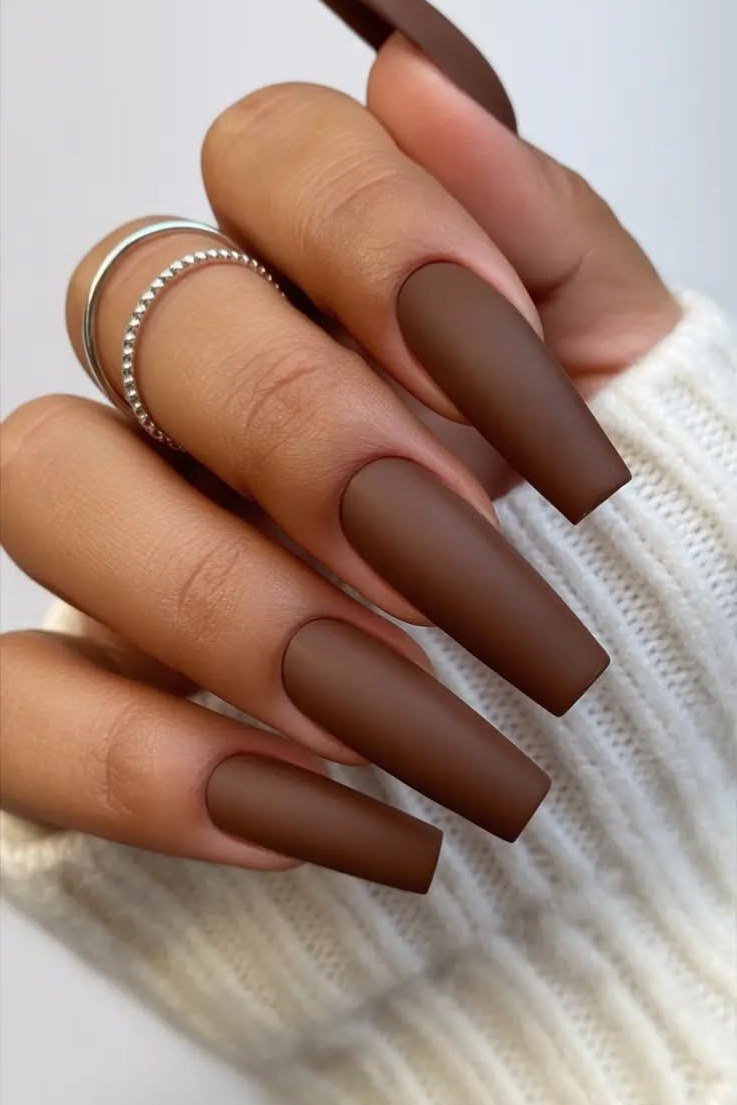 Glossy Milk-Chocolate Coffin Nails - brown nail idea for women over 50