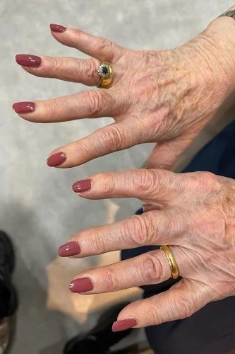 Mauve Red Short Oval Nails - winter nail trend for older women over 70