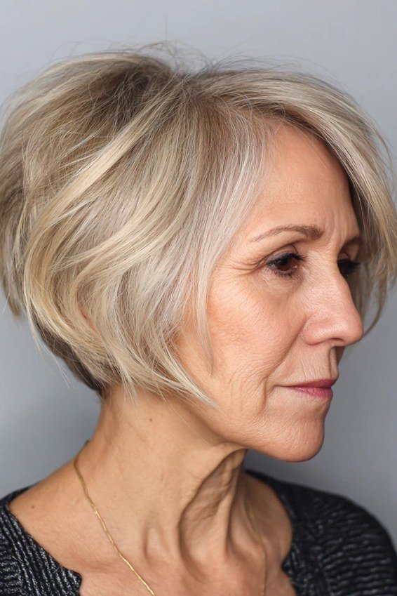 Smooth Blonde Lob Tucked Behind Ear - layered lob hairstyle for women over 60