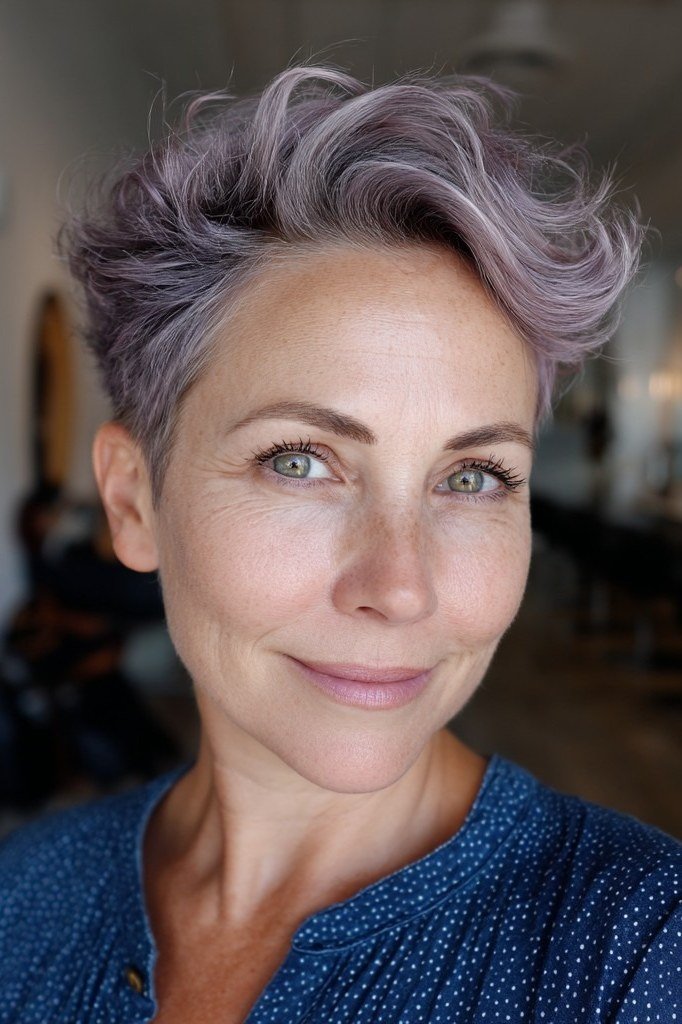Lavender Pixie with Playful Texture - sassy hairstyle for older women