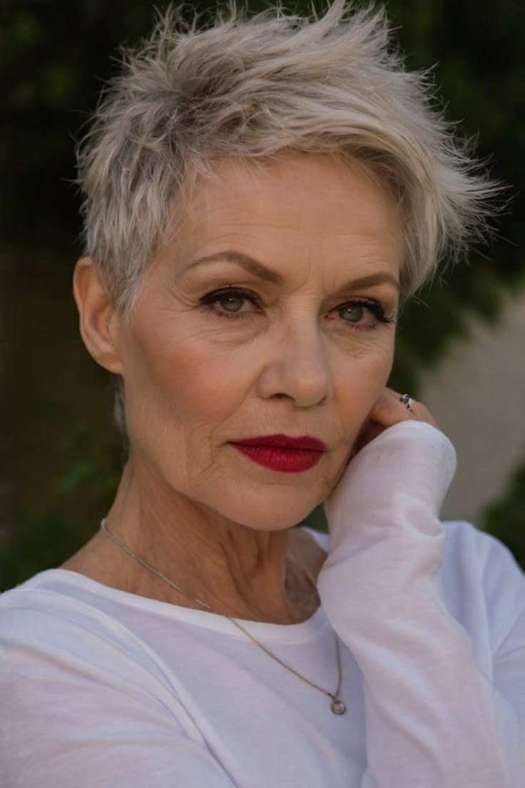 Blonde tousled pixie haircut with red lipstick for women over 60