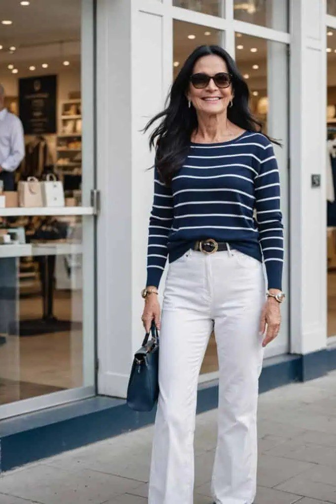Woman over 50 wearing striped long-sleeve with white wide-leg pants, everyday casual outfit idea