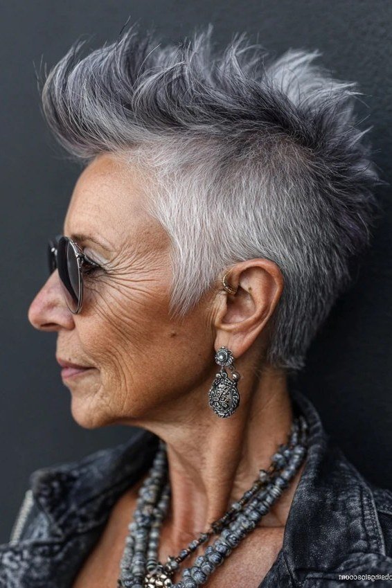 Spiky Grey Pixie with Sunglasses - bold edgy pixie haircut for women over 50