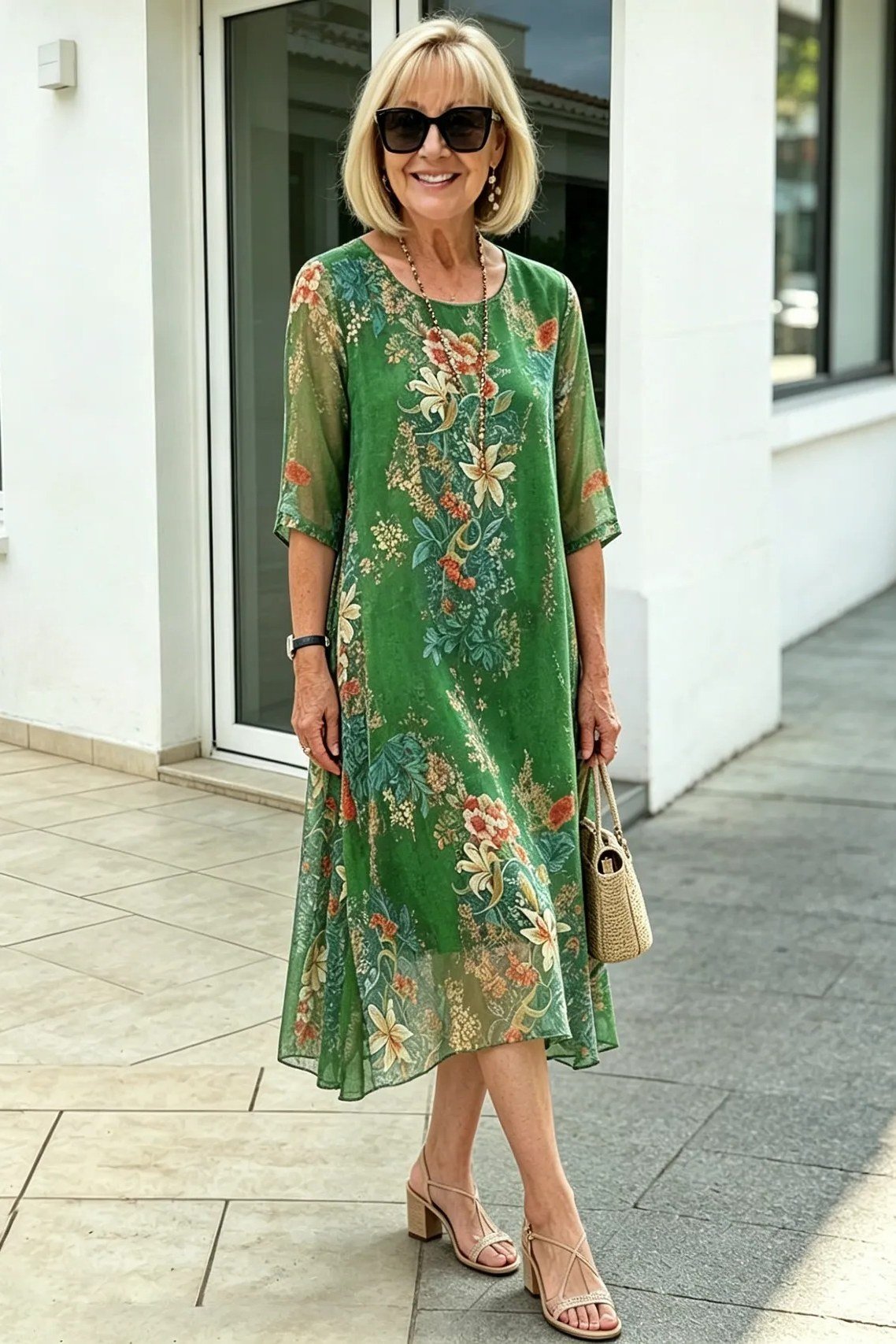 Breezy summer dress for women over 60: mint floral cap-sleeve midi