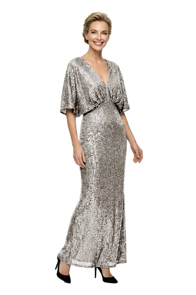 silver sequin v-neck sheath dress with flutter sleeves