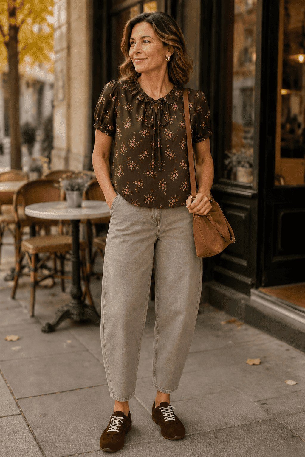 Dark Patterned Blouse with Gray Trousers on a woman over 50, fall outfit idea