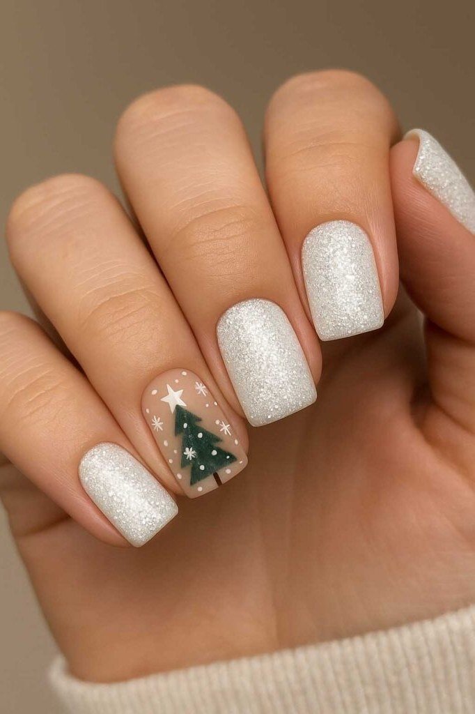 White glitter nails with small Christmas tree accent - classy Christmas nail idea for women over 70