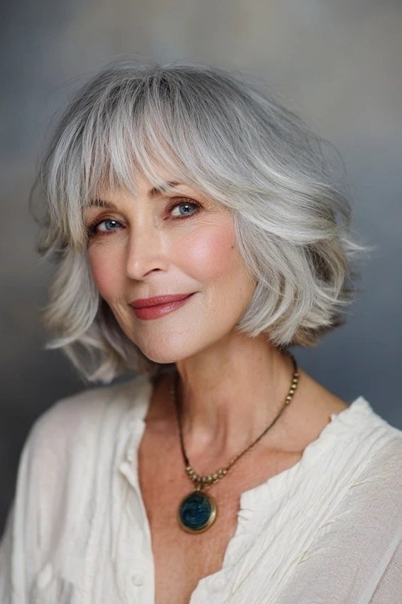 Silver Bob with Wispy Bangs - short wavy bob hairstyle for women over 60