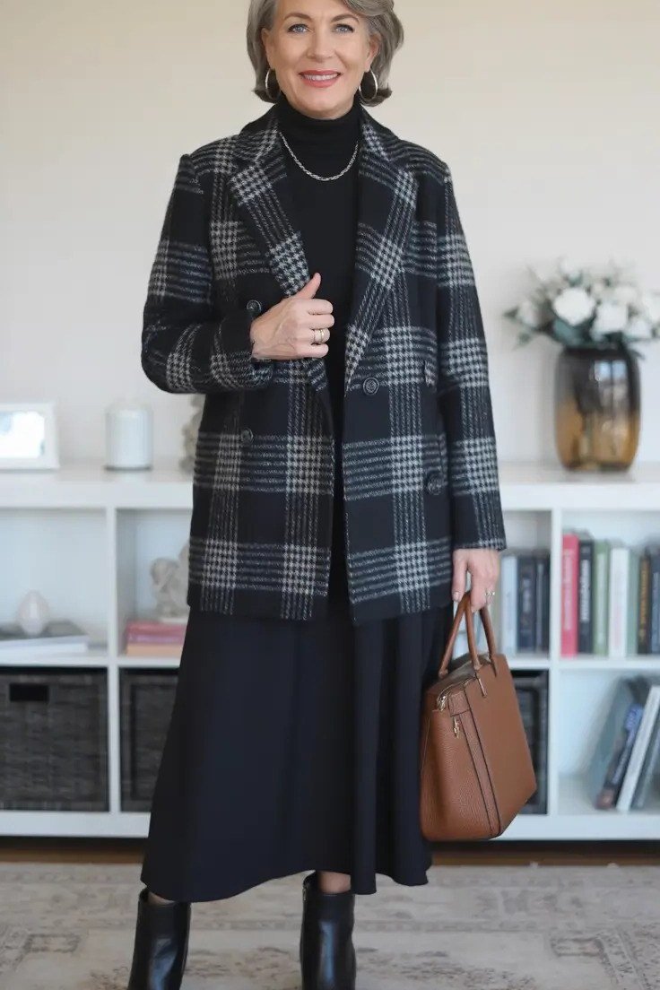 Gray plaid knee coat with a black midi dress with black tights and ankle boots for women over 50 at work