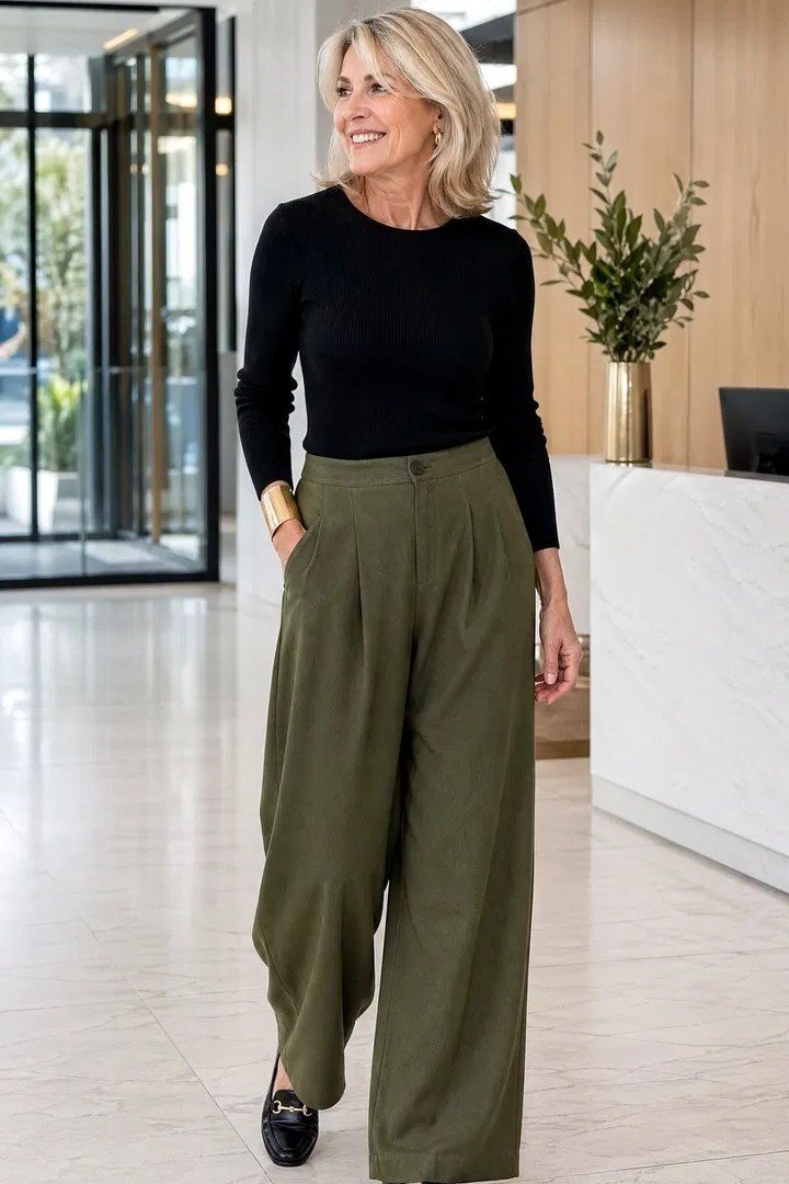 black top olive wide leg trousers work outfit over 50