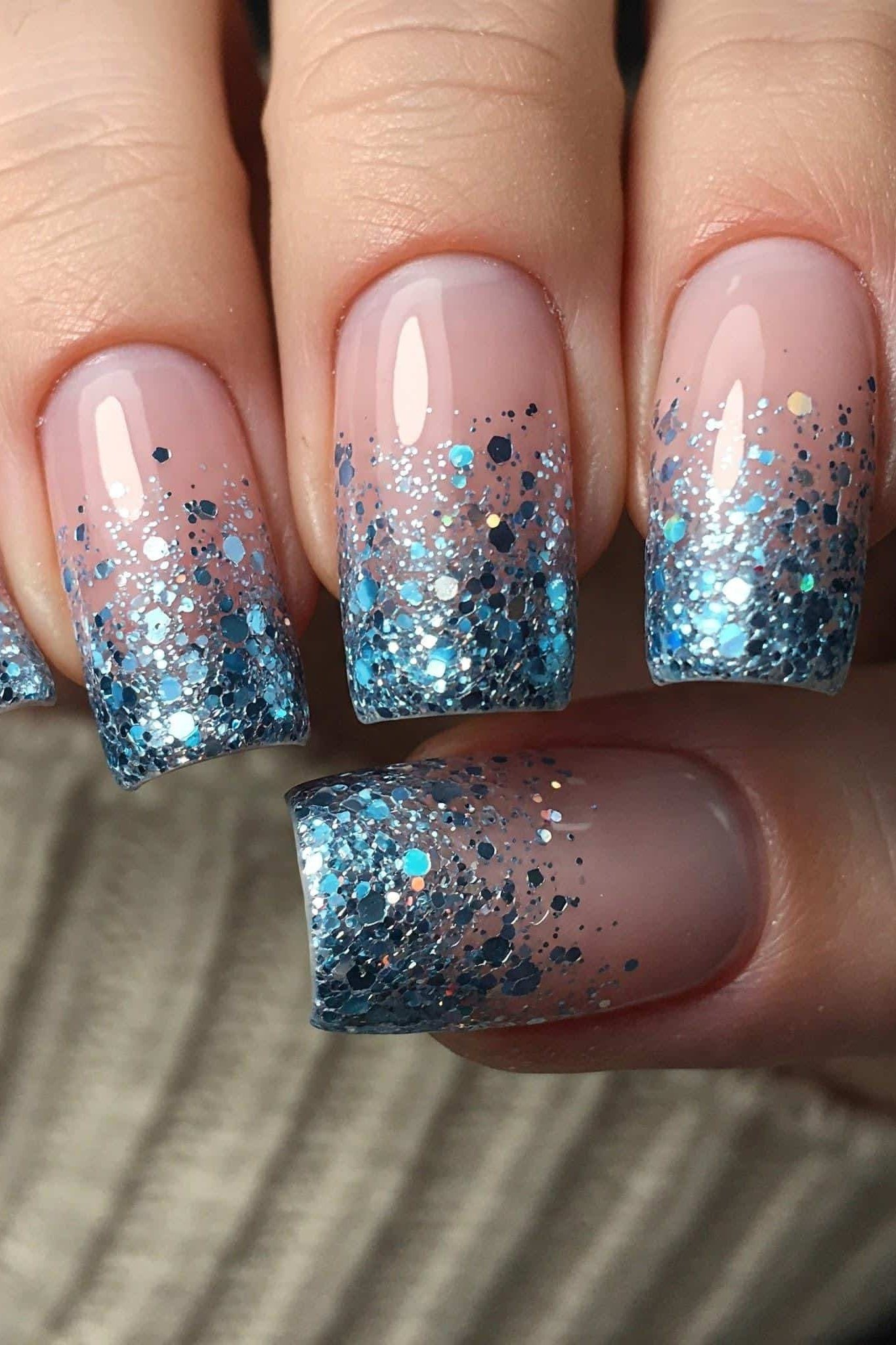 icy blue glitter ombre, square