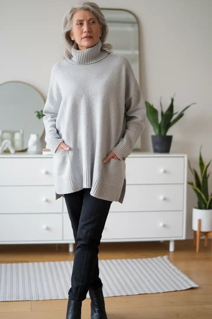 Effortlessly chic fall outfit for women over 60: oatmeal turtleneck tunic with black trousers