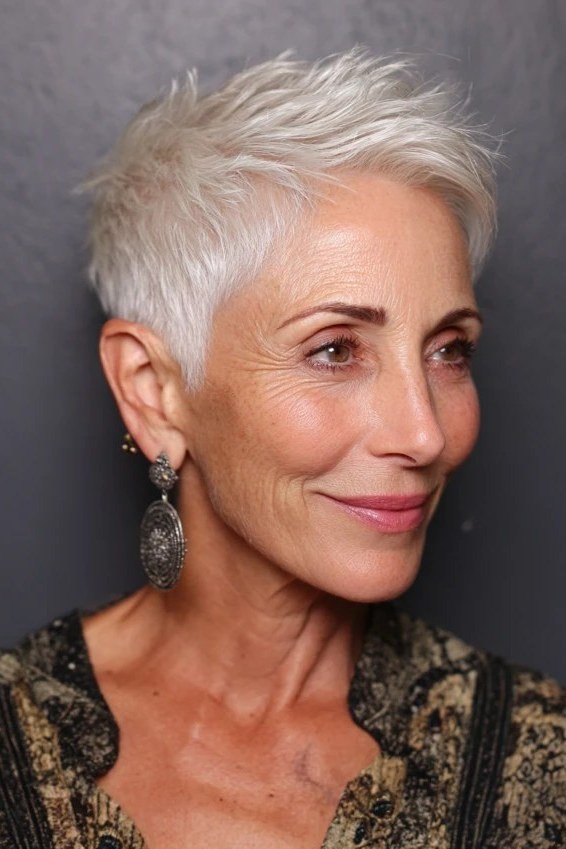 Silver tapered pixie with rounded crown, three-quarter view, micro pixie cut for women over 60 going silver