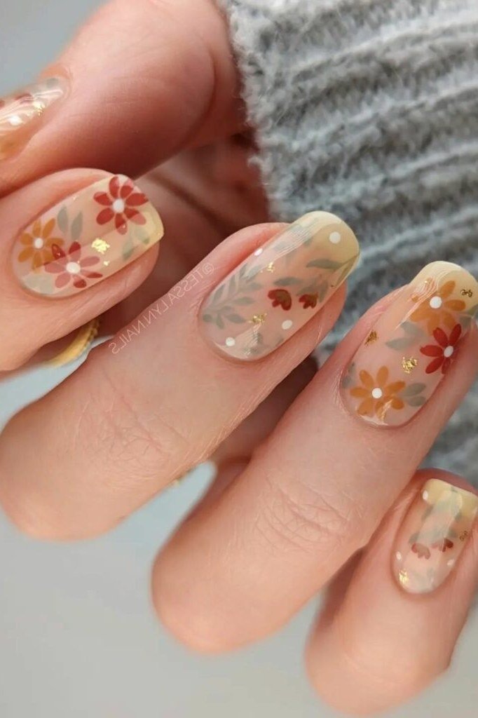 Nude Nails with Autumn Floral Nail Art, fall nail color idea for women over 50
