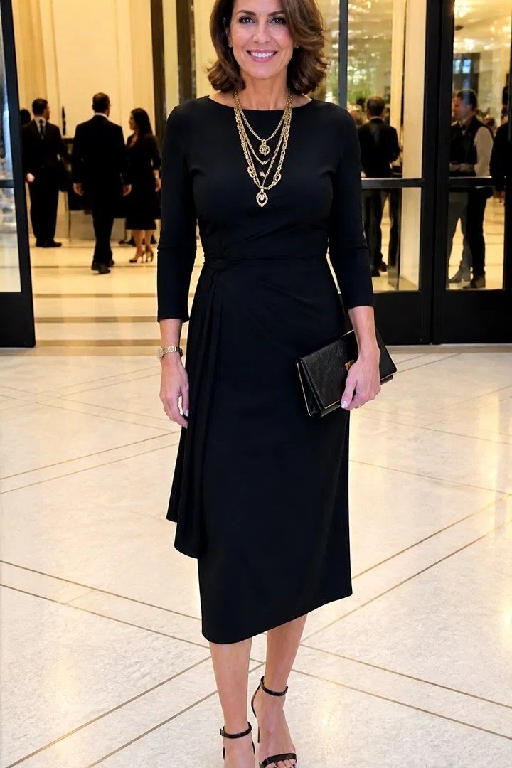 Black long-sleeve midi dress, layered gold necklaces, hotel lobby, chic night out outfit for women over 50