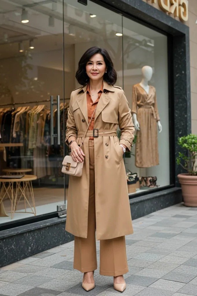 Tan Trench outside a Storefront - fall outfit idea for women over 50