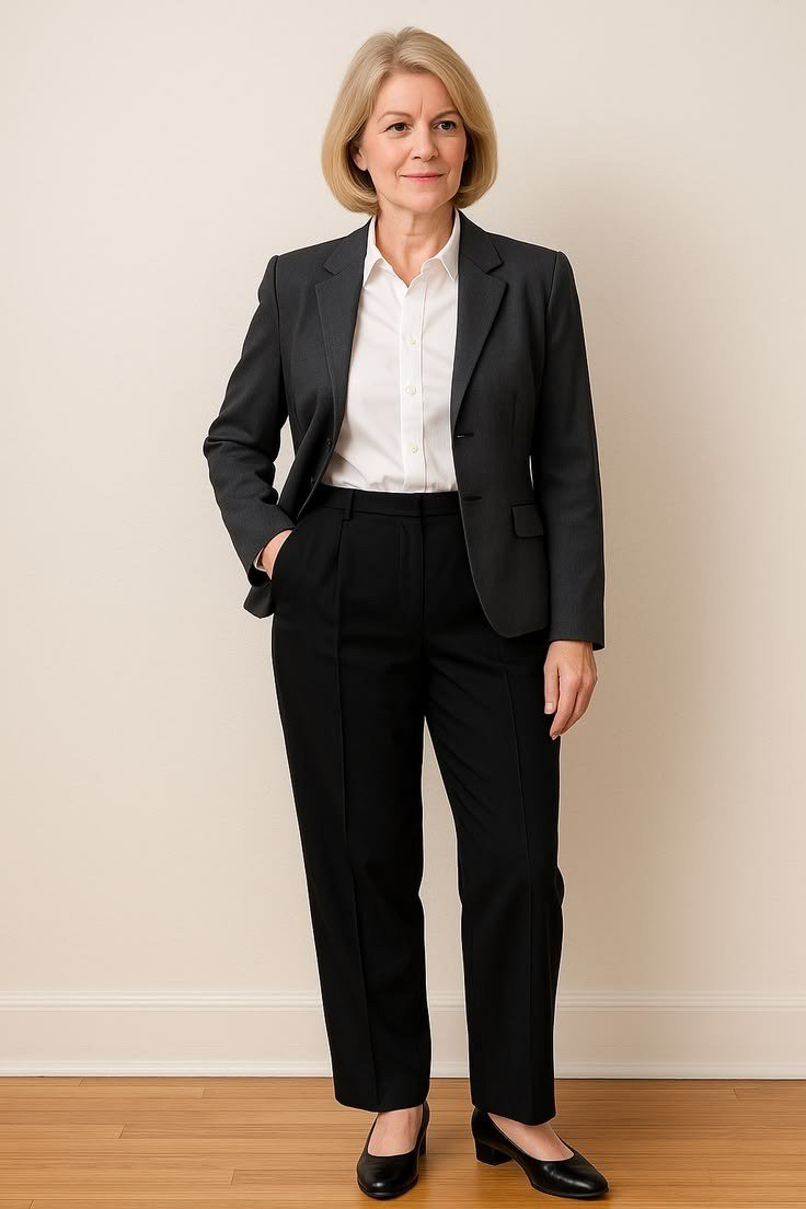 Gray Blazer with White Shirt and Black Trousers - business outfit for women over 50