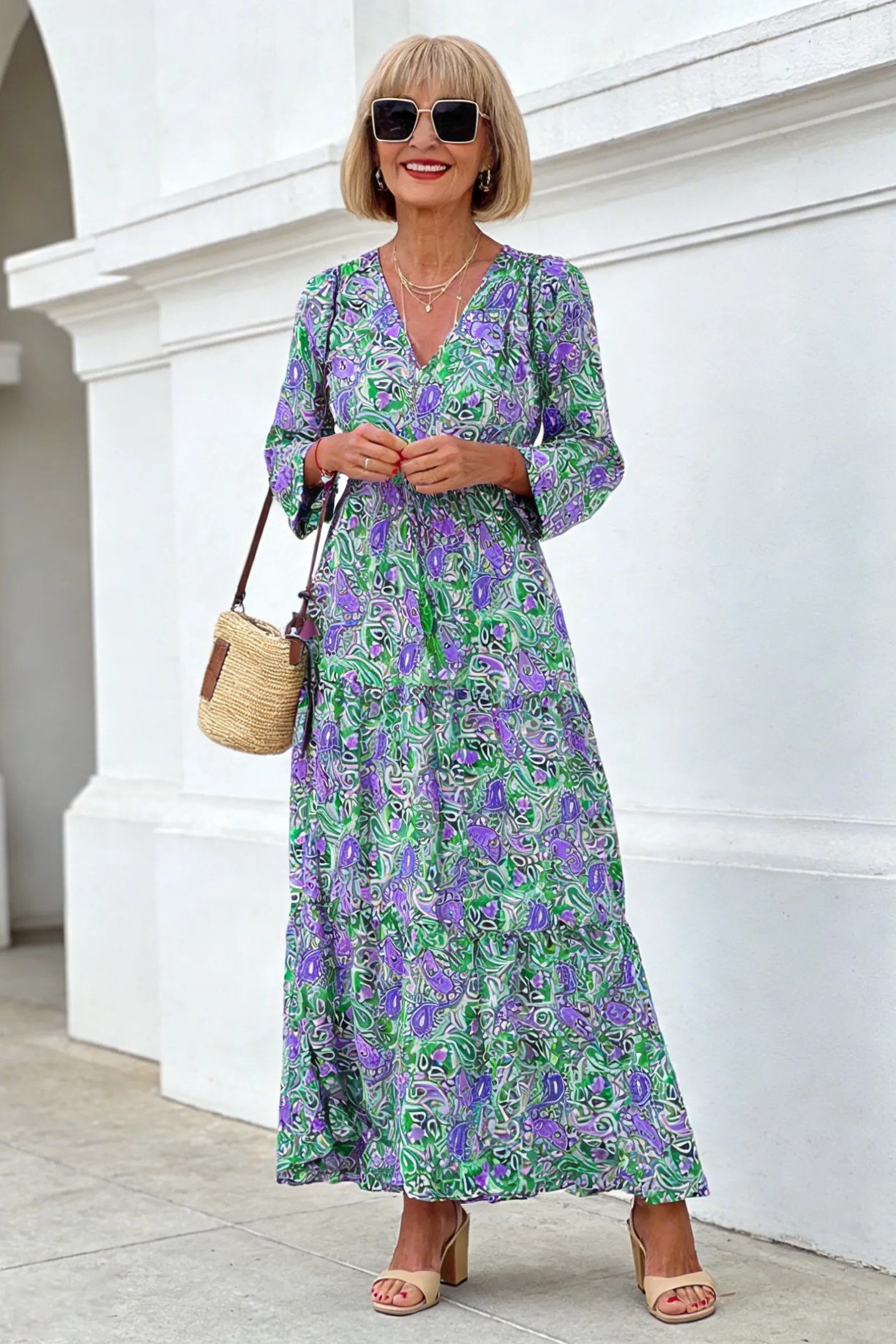 Green and Purple Tiered Floral Maxi summer outfit idea for women over 60