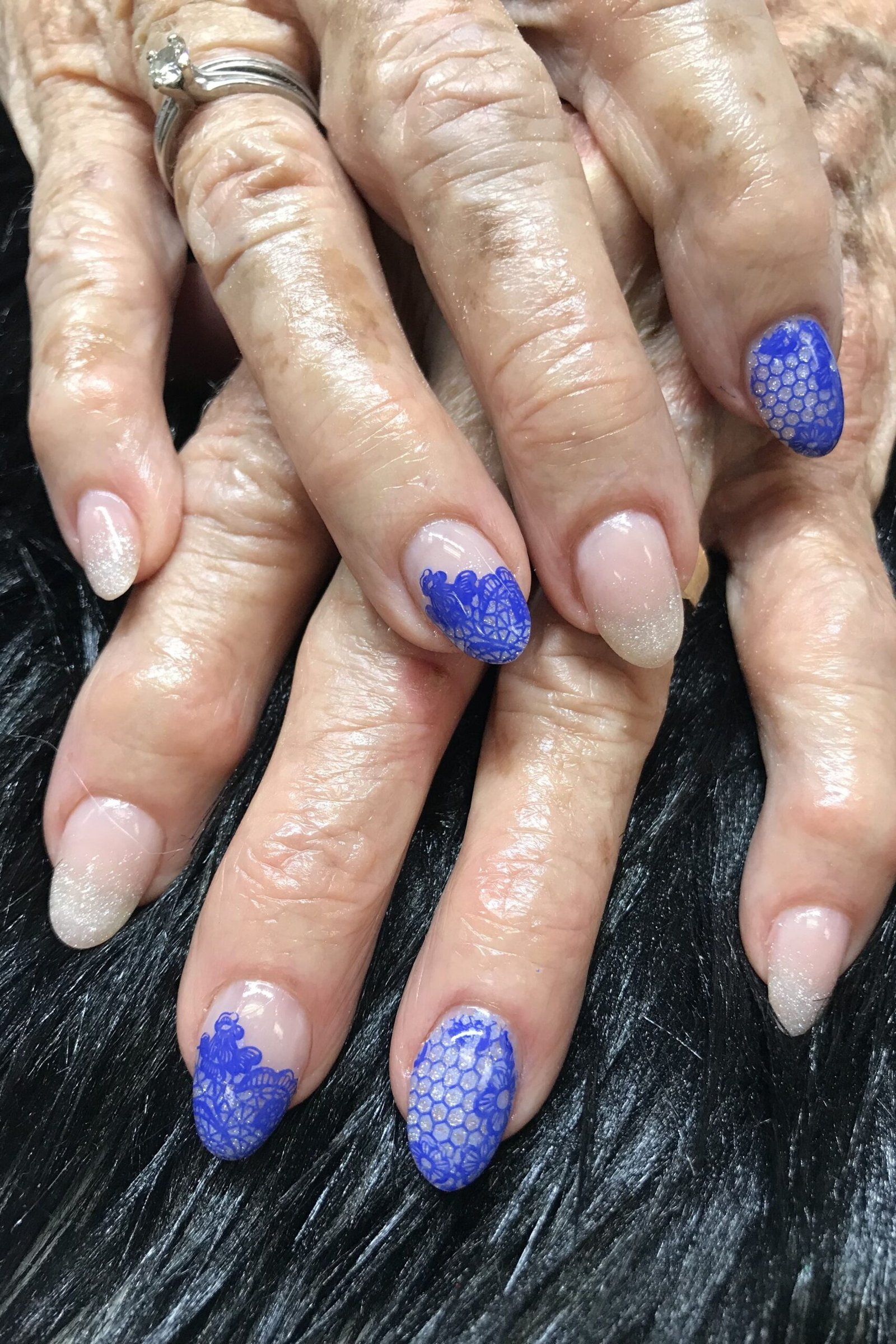 Blue Glitter French on Mature Hands for women over 70