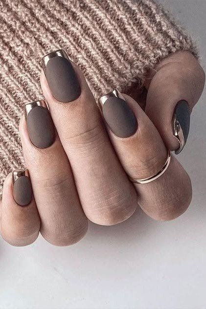dark taupe nails with silver chrome french tips