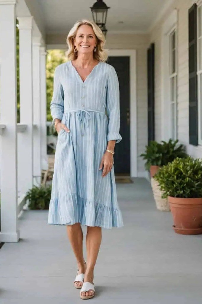 Blonde woman in a light-blue pinstripe midi dress with elbow sleeves, walking on a porch - summer dress for women over 50