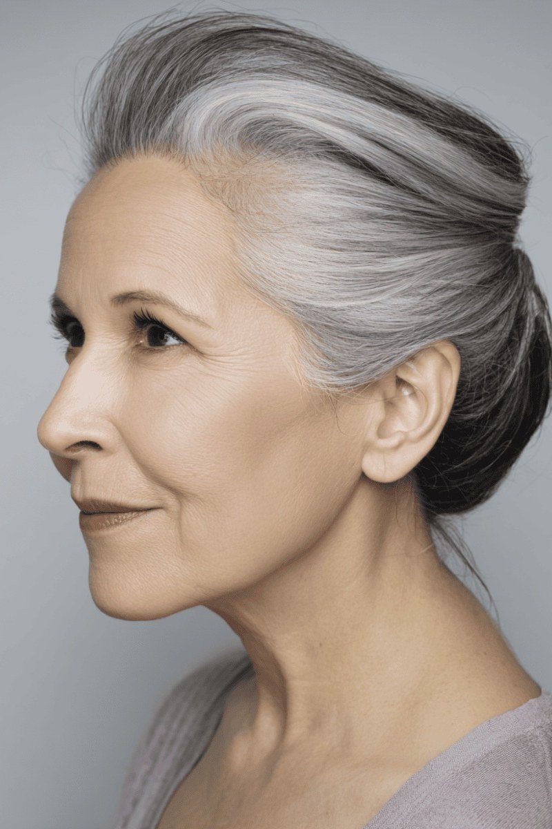 Elegant silver updo, 3/4 front view, classic hairstyle for women over 70