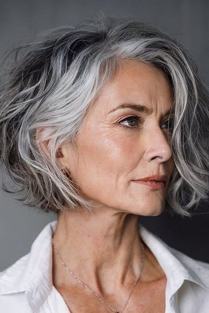 Tousled Wavy Grey Bob - grey hairstyle for women over 60