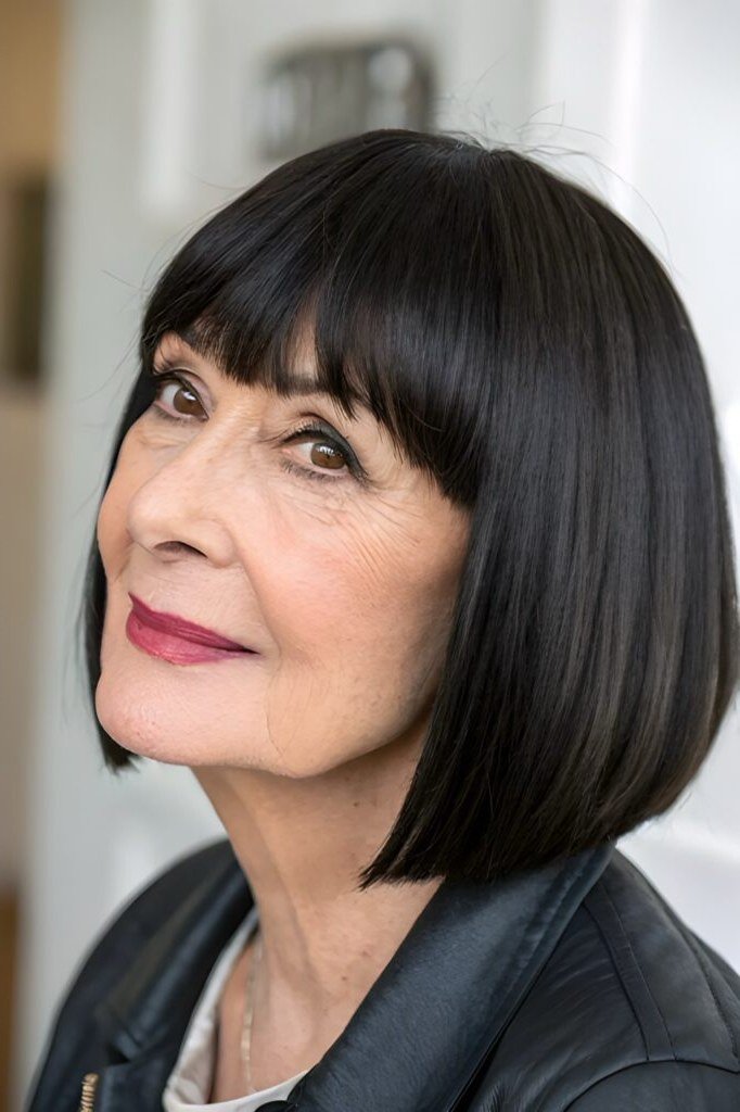 Black-brown french bob with full bangs and leather jacket