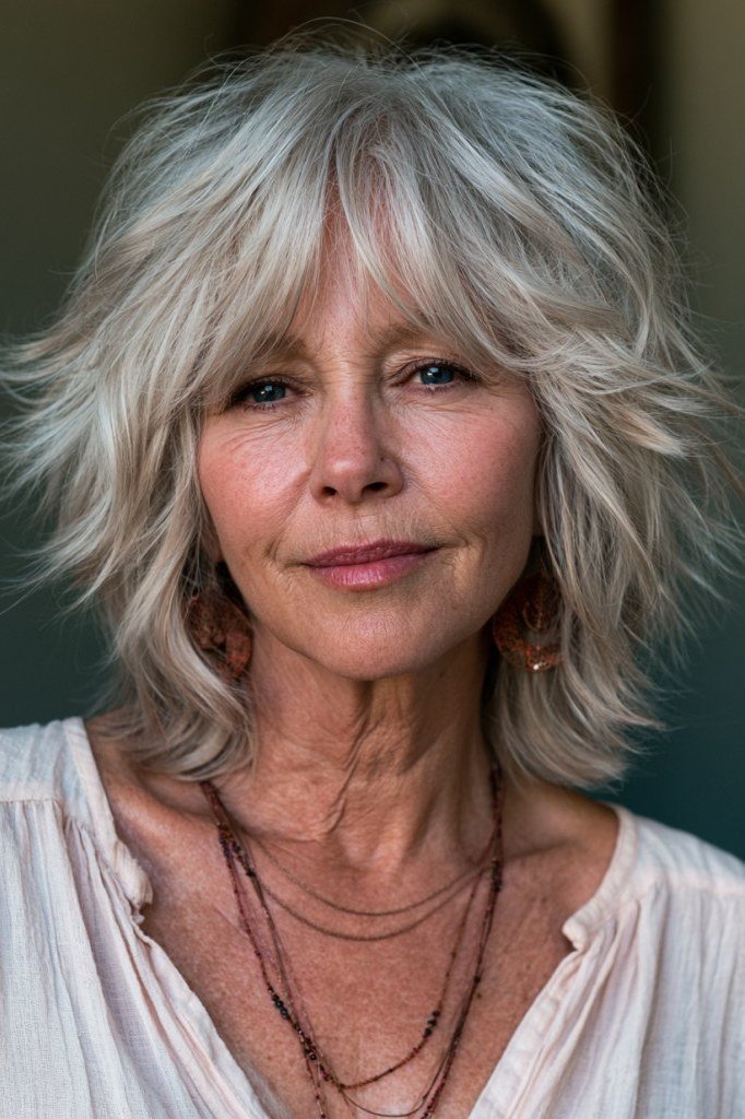 Blonde shaggy layered bob with soft waves, front view, blonde layered bob haircut for women over 50
