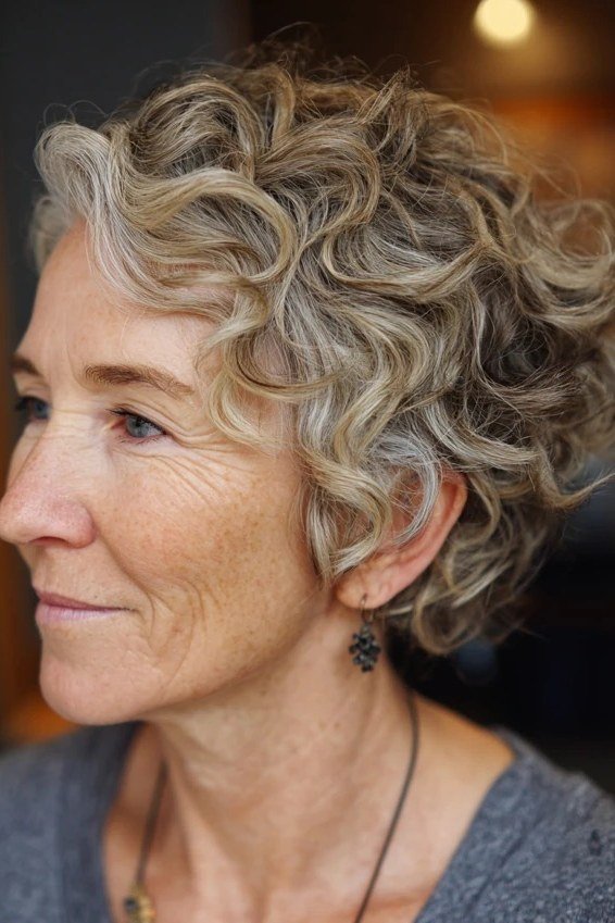 Honey Blonde Curly Bob - short curly hairstyle for women over 60
