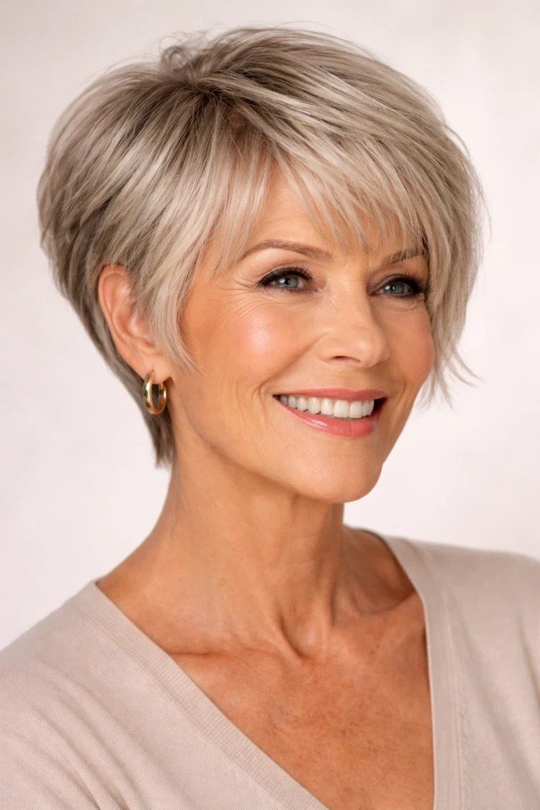 Textured silver pixie haircut with fringe for women over 60