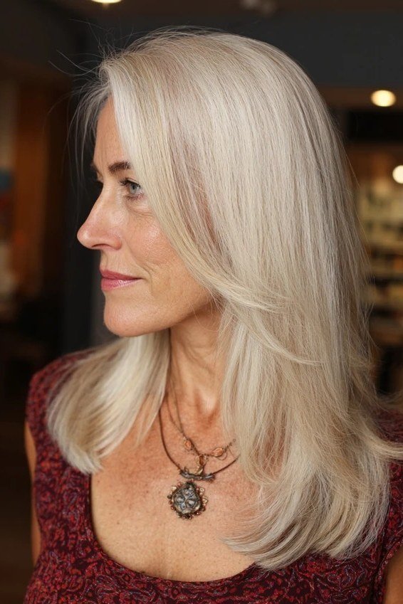 platinum long straight hairstyle, three-quarter view for women over 50