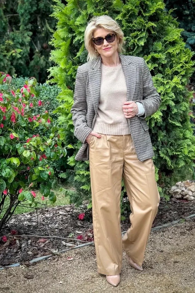 gray blazer cream top tan trousers fall outfit over 50